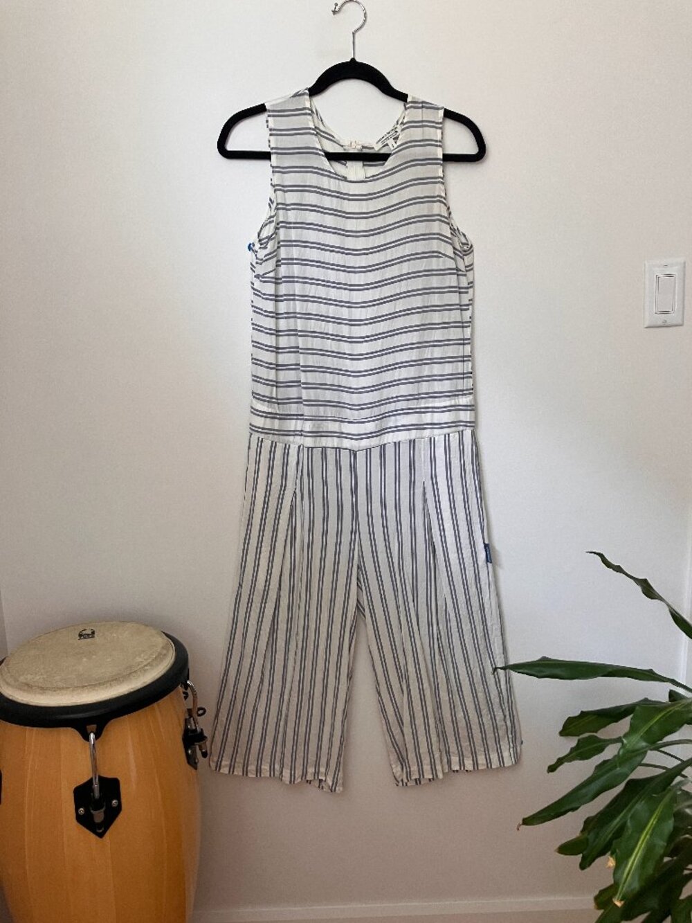 Message Factory Navy Stripe Jumpsuit | Wide Leg Cropped | Sleeveless | size M